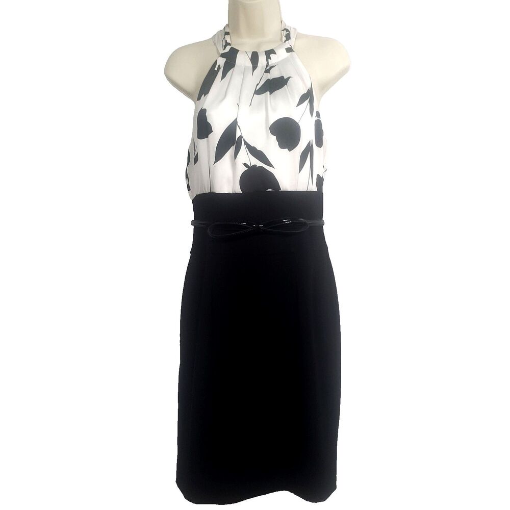 White House Black Market Women's Sleeveless Dress Size 6 Black White Belted WHBM